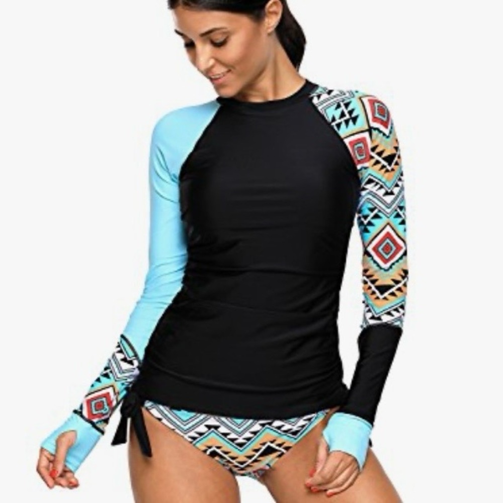 Lopie Women's Long Sleeve Rash Guard Athletic Swim Aztec Tankini